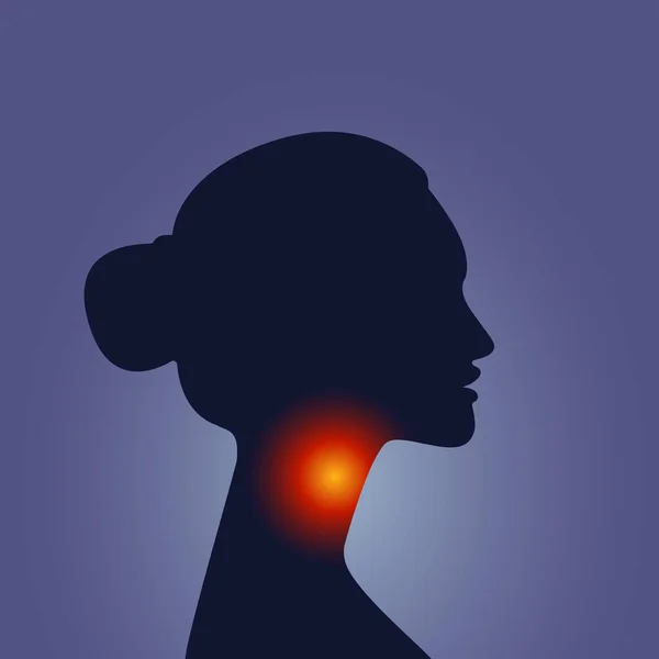 Mujer silueta garganta irritación, dolor de garganta, síntoma de gripe, problemas de salud. Ilustración vectorial en estilo de luz de neón, concepto médico perfil de la cabeza humana, icono, logotipo del servicio de salud, estilo plano — Vector de stock