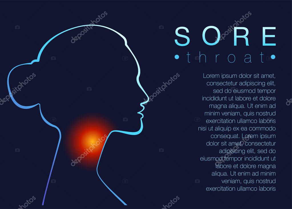 Template for medical broshure Sore throat with text space. Woman silhouette throat irritation, sore throat, symptom of flu, health problems. Vector illustration in neon light style, concept human head