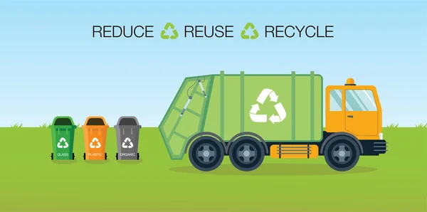 Hijyenik araç çöp kamyonu. Çöpleri geri dönüşüm için atık taşıyan yeşil çöp konteynerleri. Atık yönetimi, çöp kamyonu ve çöp bidonları. Düz vektör atık yönetimi