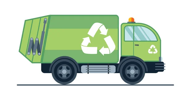 Hijyenik araç çöp kamyonu izole edildi. Kentsel hijyenik araç çöp kamyonu. Yerli ve ticari atık toplama ve taşımacılık. Yeşil çöp kamyonu. — Stok Vektör