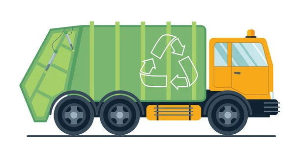 Hijyenik araç çöp kamyonu izole edildi. Kentsel hijyenik araç çöp kamyonu. Yerli ve ticari atık toplama ve taşımacılık. Yeşil çöp kamyonu. — Stok Vektör