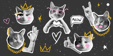 Yarım tonluk el hareketleriyle yapıştırılmış kedi etiketleri. Kolaj için evcil hayvan portreleri, noktalı pop tarzı dijital sanat. Komik kedicik karakterleriyle moda kolaj seti. Modern tasarım için Grunge çıkartmaları