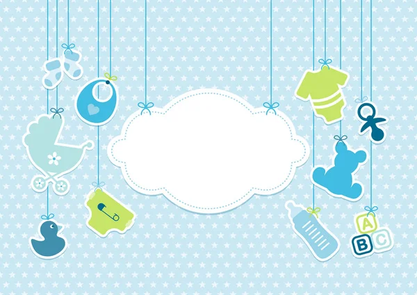 Card Baby Boy Hanging Icons Cloud Stars Pattern Blue — Stock Vector