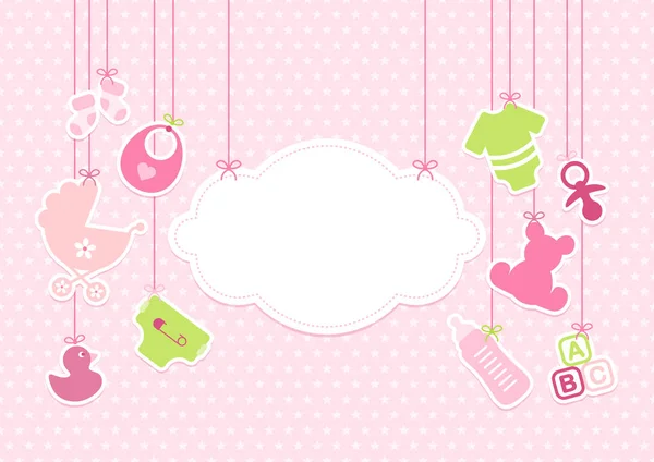Card Baby Girl Hanging Icons Cloud Stars Pattern Pink — Stock Vector