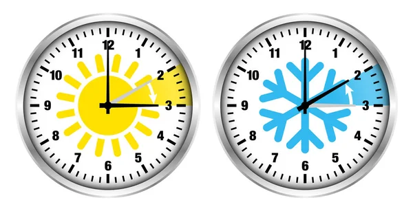 Relojes Plata Hora Verano Invierno Iconos Números — Vector de stock