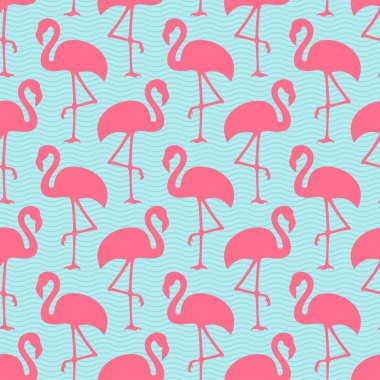 Dikişsiz Desen Flamingolar Ans Dalgalar Pembe Ve Mavi