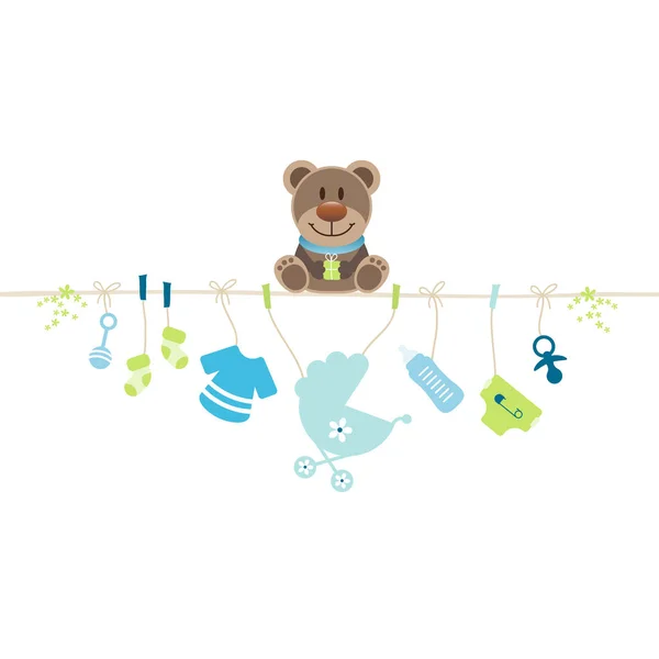 Teddy Sitting String Hanging Baby Icons Boy — стоковый вектор
