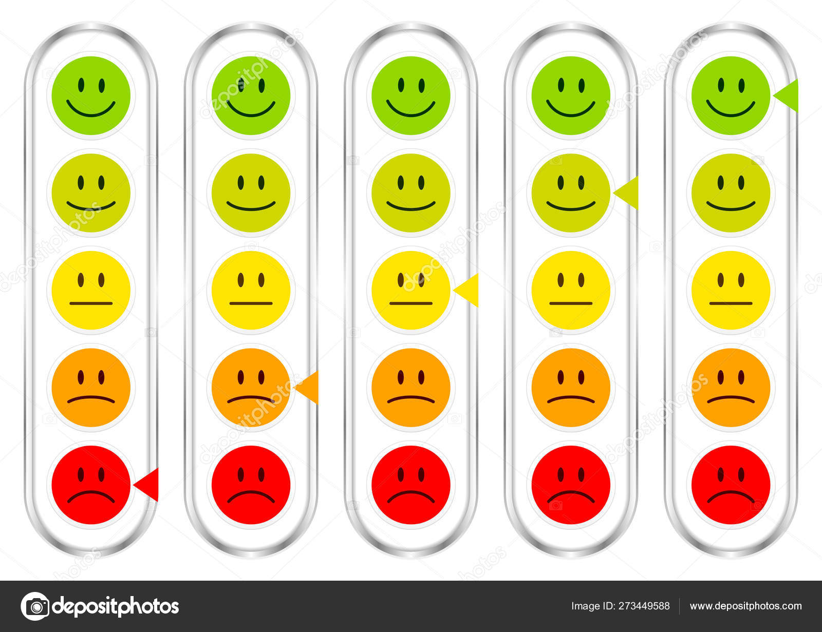 Set Van Vijf Verticale Barometer Met Gezichten Met Stemmings Kleur