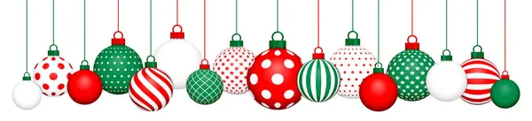 Banner Hängende Weihnachtskugeln Muster Rot Grün Weiß — Stockvektor