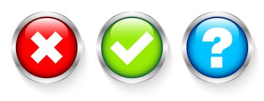 Üç gümüş çerçeveli düğmeler onay Işaretleri ve soru kırmızı yeşil mavi seti