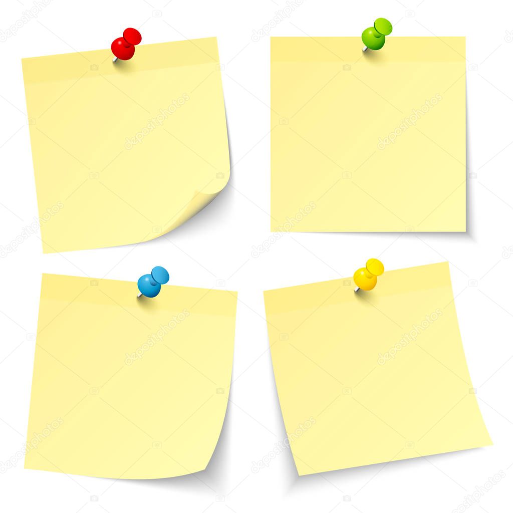 Set Of Four Light Yellow Sticky Notes With Colorful Pins