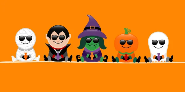 Banner Halloween Momia Vampiro Bruja Calabaza Fantasma Gafas Sol Naranja — Archivo Imágenes Vectoriales