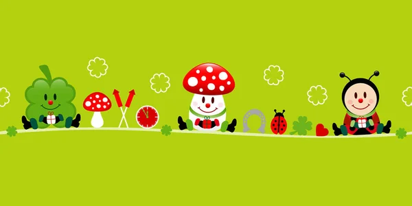 Banner Cloverleaf Fly Agaric Ícones Joaninha Verde — Vetor de Stock