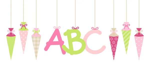 Banner Dritto Appeso Scuola Cornetta Ragazza Abc Lettere Rosa Verde — Vettoriale Stock