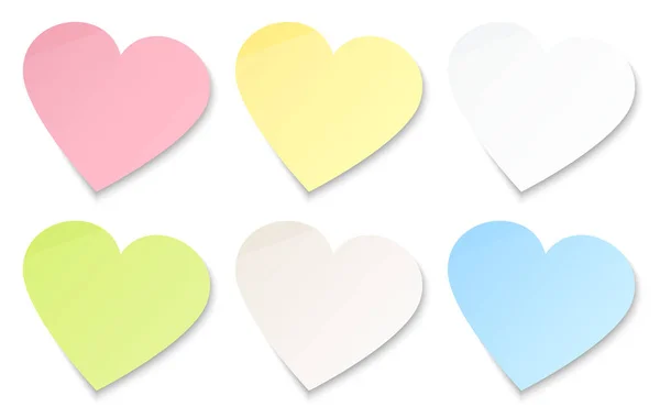 Set Six Sticky Notes Colorful Hearts — Stock Vector