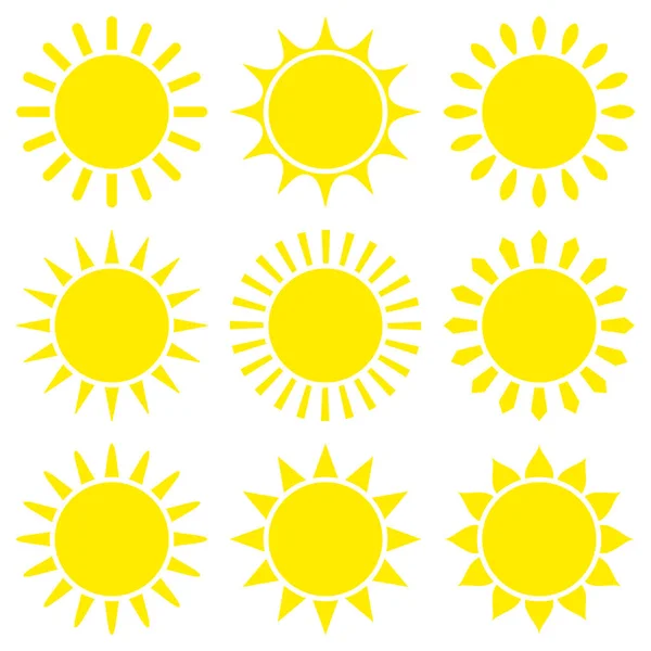 Set Nine Yellow Graphic Sun Icons — Stock Vector