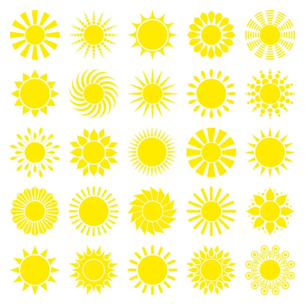 Conjunto Cuadrado Veinticinco Iconos Gráficos Amarillos Del Sol — Archivo Imágenes Vectoriales