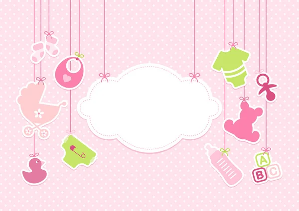 Carte Bébé Icônes Fille Nuage Fond Pois Rose — Image vectorielle