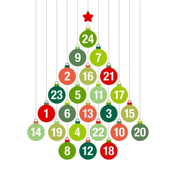 Calendário Advento Árvore Natal Pendurar Bolas Natal Verde Vermelho — Vetor de Stock