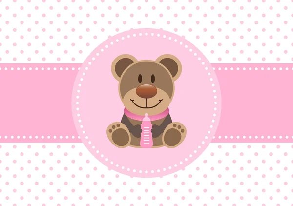 Baby Card Girl Teddy Bottle Dots Background Pink — Stock Vector