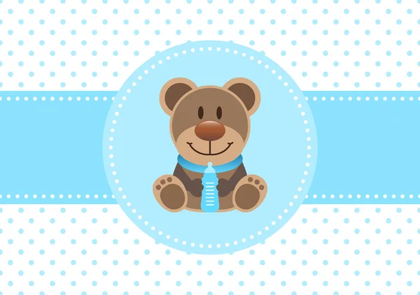 Baby Card Chłopiec Teddy Butelka Kropki Tło Niebieski — Wektor stockowy