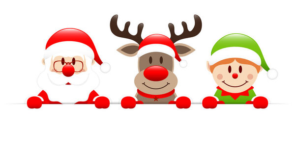 Santa Claus Renos Elfos Sosteniendo Bandera Horizontal — Vector de stock