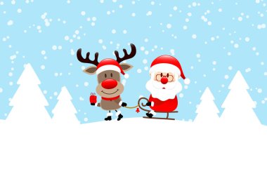 Ren geyiği çekerek Sleigh Ile Santa kar ve orman mavi