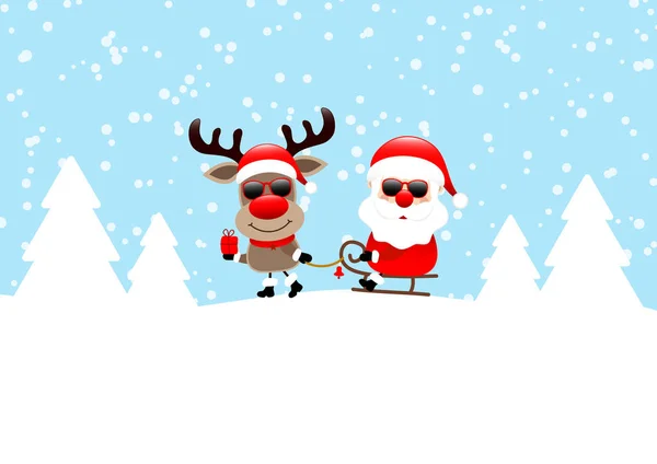 Rentiere Ziehen Schlitten Mit Weihnachtsmann Sonnenbrille Schnee Und Waldblau — Stockvektor