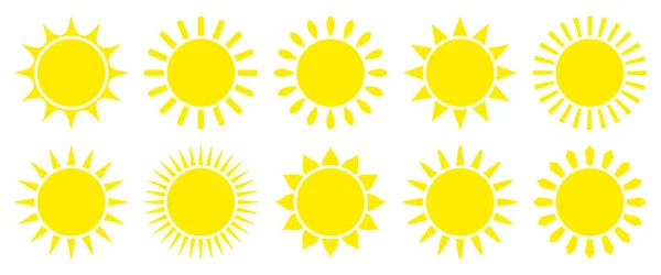 Набор Десяти Простых Желтых Икон Солнца — стоковый вектор