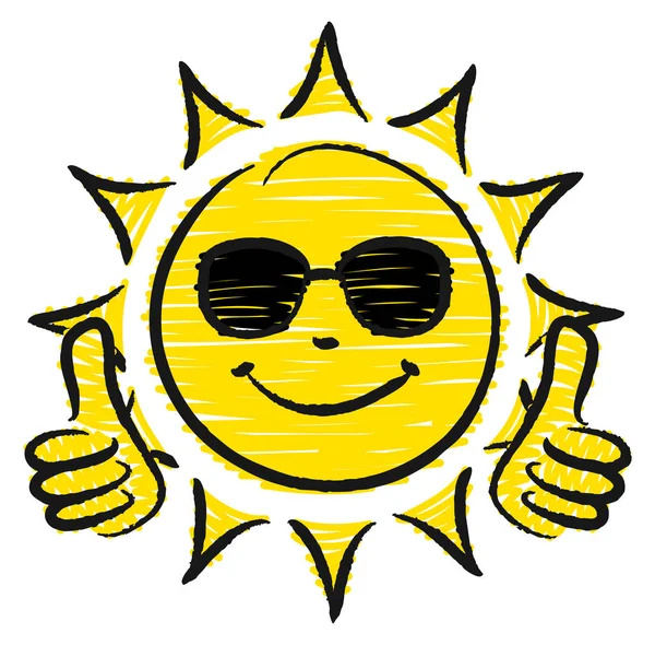 Hand Drawn Sun Two Thumbs Sus Ochelari Soare Galben Negru — Vector de stoc