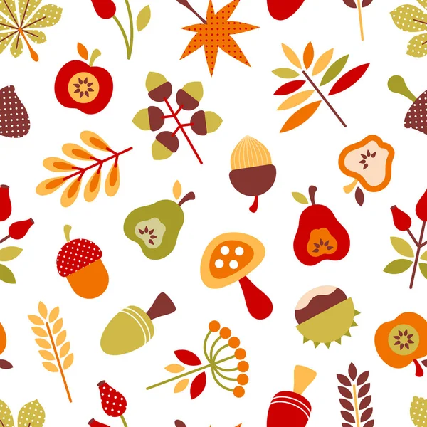 Seamless Pattern Different Autumn Icons Red Green Brown — Stock Vector