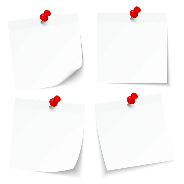 赤いピン付きの4つの白い付箋のセット — ストックベクタ