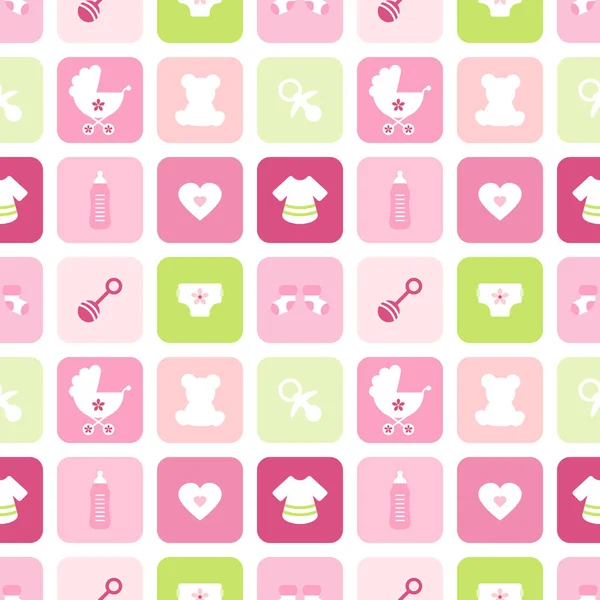 Seamless Pattern Baby Icons Girl Squares Pink Green - Stok Vektor