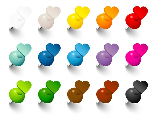 Set Heart Pins Shadow Fifteen Colors — Stock Vector