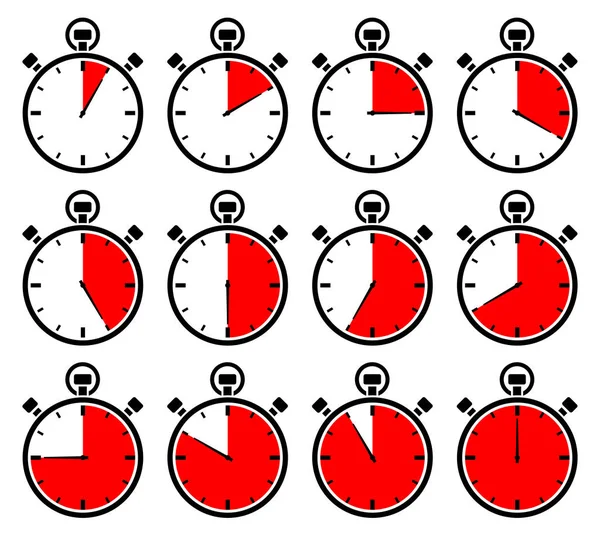 Σετ Των Δώδεκα Εικονογραφικά Ρολόγια Κόκκινο Διαφορετικές Φορές — Διανυσματικό Αρχείο