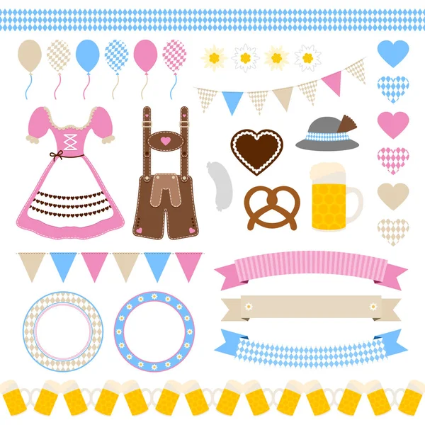 Set Different Oktoberfest Icons Blue Pink Brown - Stok Vektor