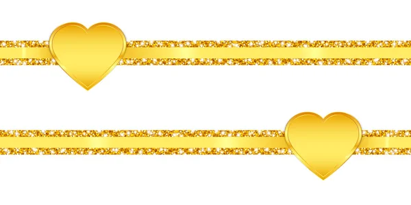 Deux Rubans Paillettes Minces Horizontaux Golden Shining Hearts — Image vectorielle