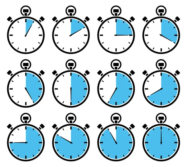 Ensemble Douze Chronomètres Graphiques Bleu Différents Temps — Image vectorielle