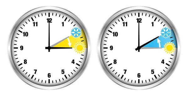 Relojes Plata Hora Verano Invierno Pequeños Iconos Números — Vector de stock