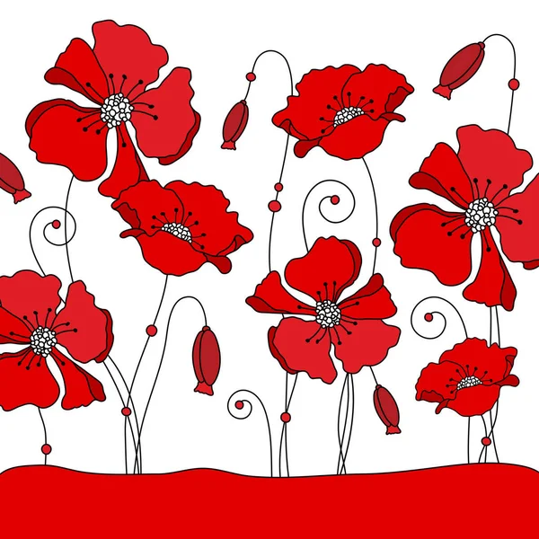 Different Red Graphic Poppies Meadow Background — Stock Vector