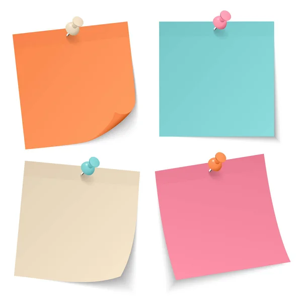 Set Four Sticky Notes Retro Colors Pins Shadow — Stock Vector