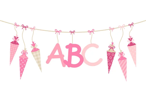 Appeso Scuola Cornetta Ragazza Abc Lettere Rosa Beige — Vettoriale Stock