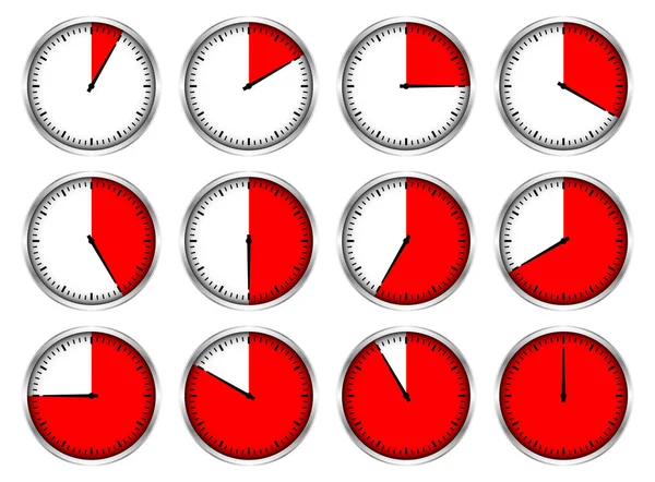 Σετ Από Δώδεκα Γραφικά Ασημένια Ρολόγια Κόκκινο Διαφορετικές Φορές — Διανυσματικό Αρχείο