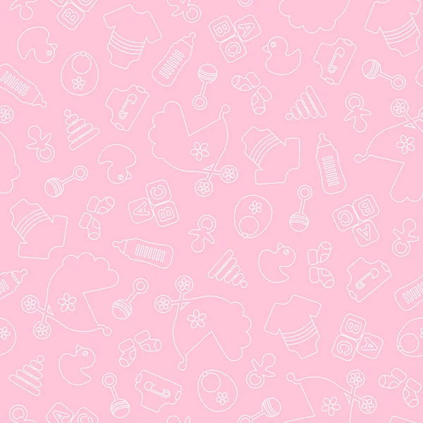 Seamless Pattern Baby Icons Girl Outline Pink White - Stok Vektor