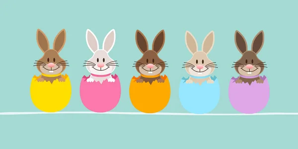 Slim Banner Five Easter Bunny Eggshell Turquoise — Stock Vector