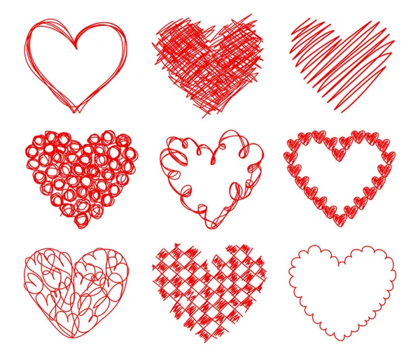 Set Nueve Corazones Rojos Dibujados Gráficamente — Vector de stock