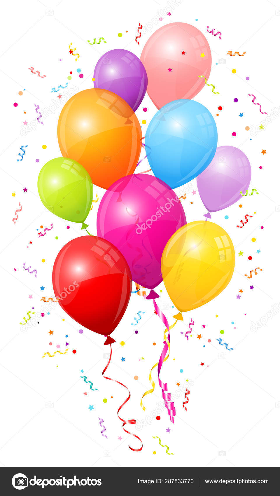 Group Nine Flying Colorful Balloons Streamers Confetti Stock Vector by  ©jengel17 287833770, image size:960x1700