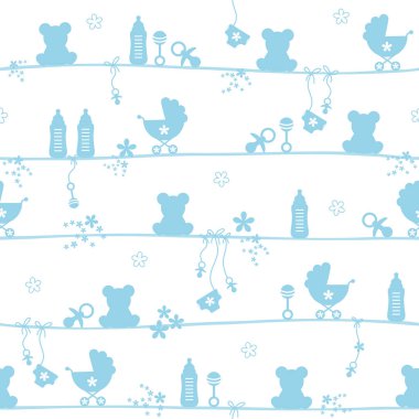 Dikişsiz desen bebek çocuk Teddy simgeler siluet mavi