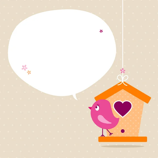 Roze Vogel Birdhouse Toespraak Bubble Beige Stippen — Stockvector