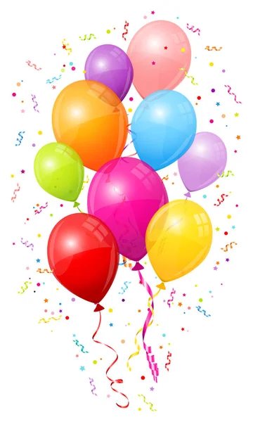 Groep Van Negen Vliegende Kleurrijke Ballonnen Met Streamers Confetti — Stockvector